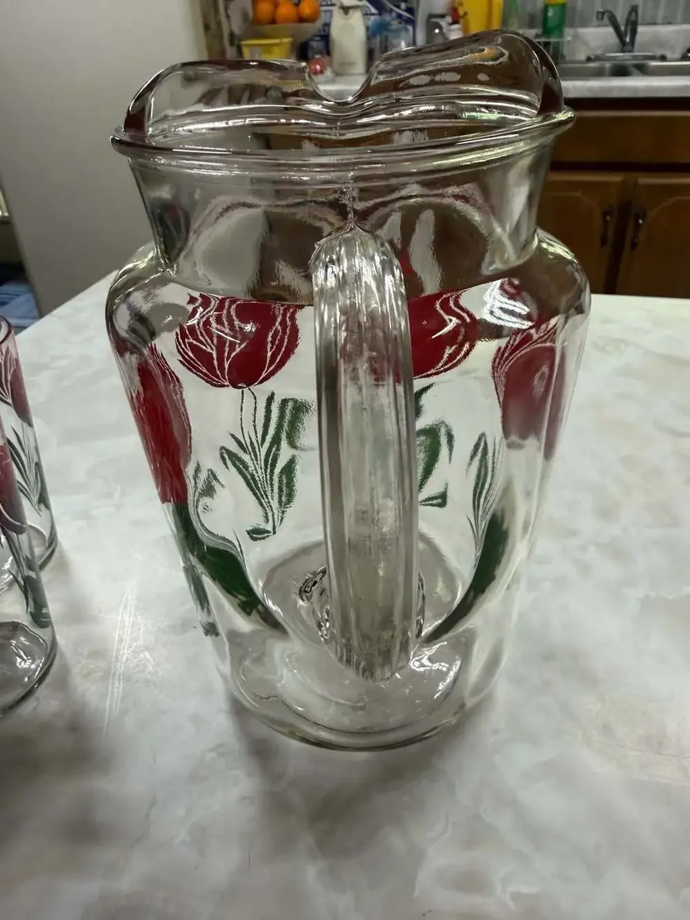 Vintage Anchor Hocking Tulip No. 3 Red Glass Pitcher and 3 Tumblers Set Mid-Cent
